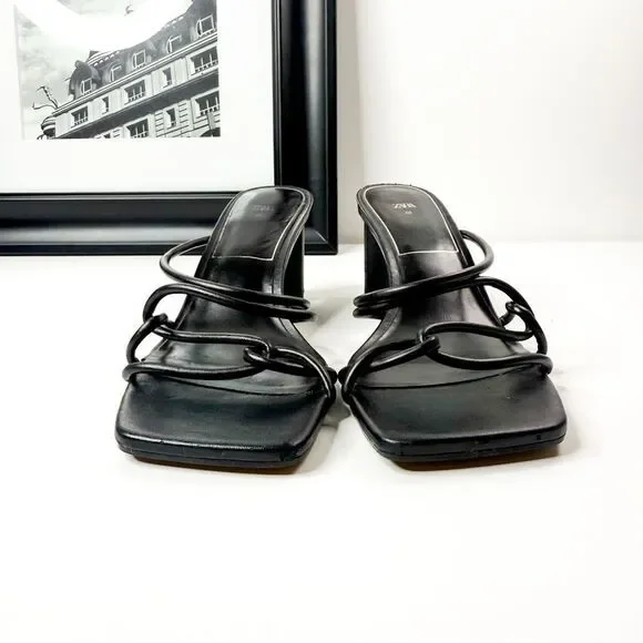 Zara Women's Black Strappy Block Heeled Sandals | Size 40 | Square Toe Slip-On - Picture 2 of 8
